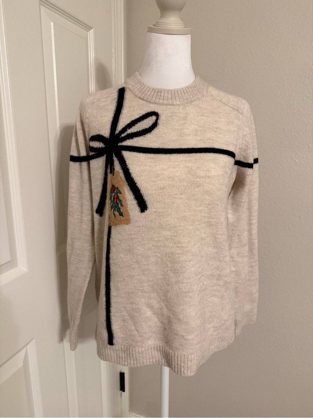 LOFT Cream Crewneck Sweater with Black Bow Graphic
